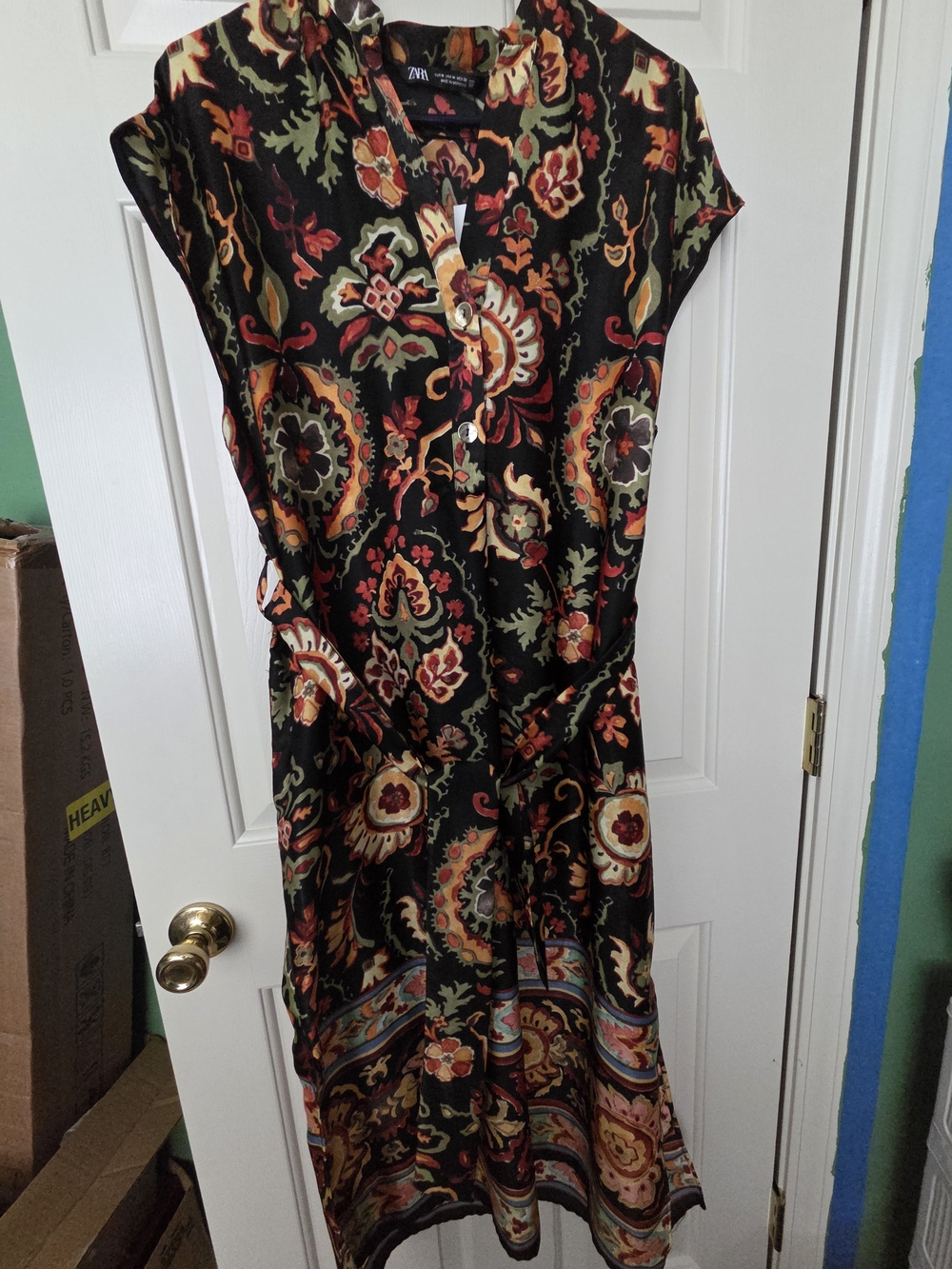 Zara Black Floral Paisley Midi Dress with Red and Green Accents